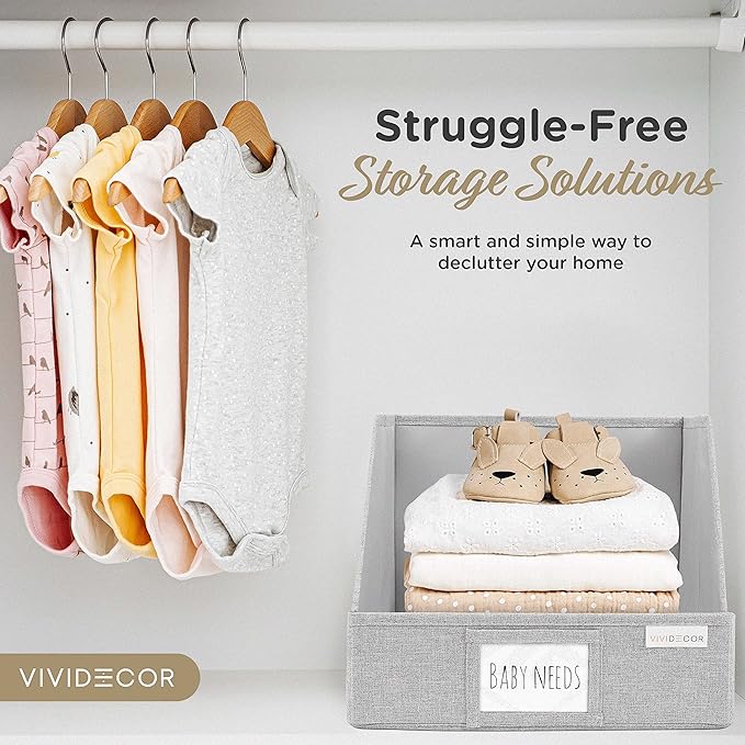 VIVIDECOR Open Front Trapezoid Closet Bins 12x12x10 – Easy Access Shelf Organizer, Fabric Storage Baskets for Clothes, Linen, Sweaters – Light Gray, 3 Pack