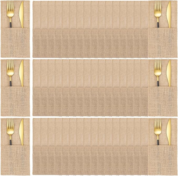 50 Pcs Natural Jute Utensils Holders, 8.8 x 4 inch Cutlery Pouch, Silverware Holder, Napkin Bag for Rustic Wedding Party Decorations