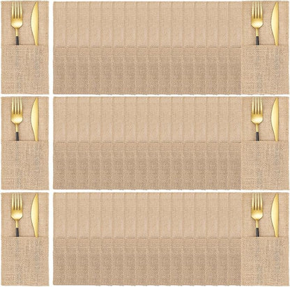 50 Pcs Natural Jute Utensils Holders, 8.8 x 4 inch Cutlery Pouch, Silverware Holder, Napkin Bag for Rustic Wedding Party Decorations