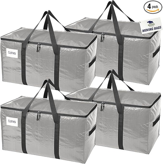 RUGGED RHINO 4 Pack Heavy Duty Extra Large Moving Bags, Durable Bag with Strong Handles and Zipper, Moving Boxes Alternative for College Packing, Holiday Décor, Space Saving Storage with Label, Silver
