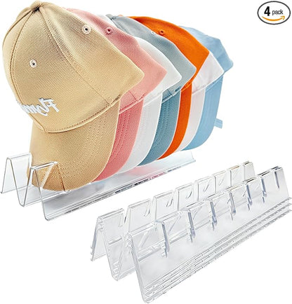 4 Pack Acrylic Hats Organizer for 28 Baseball Caps,Clear Acrylic Hat Stand For Baseball Caps,Hat Racks Holder Display and Organization for Closet,Bedroom