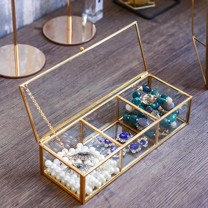 Vintage Golden Glass Lidded Box Clear Glass & Brass Metal Storage Jewelry and Cosmetic Makeup Organizer with Lid Beauty Display, Rectangle with 3 Compartment