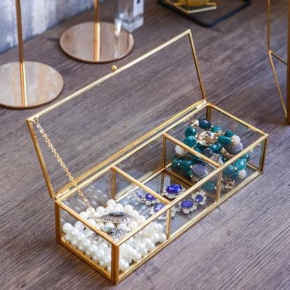 Vintage Golden Glass Lidded Box Clear Glass & Brass Metal Storage Jewelry and Cosmetic Makeup Organizer with Lid Beauty Display, Rectangle with 3 Compartment