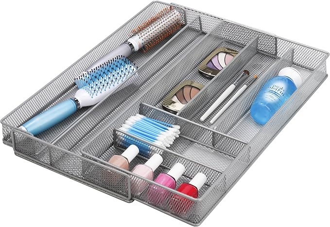 Honey-Can-Do Expandable Steel Mesh Drawer Organizer, 7 Compartments, Silver, Adjustable 11.5 to 20 Inches Wide