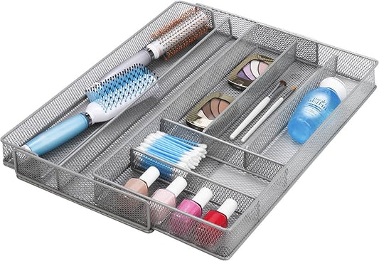 Honey-Can-Do Expandable Steel Mesh Drawer Organizer, 7 Compartments, Silver, Adjustable 11.5 to 20 Inches Wide