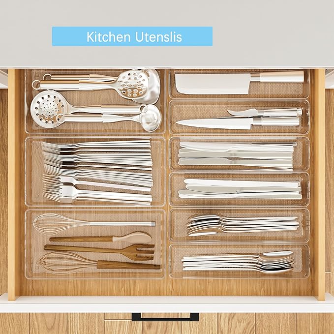 3 Pack Clear Plastic Drawer Organizer Tray Cutlery Utensil Makeups Drawer Silverware Organizers 12" X 6"&12＂X3＂(9Pack)