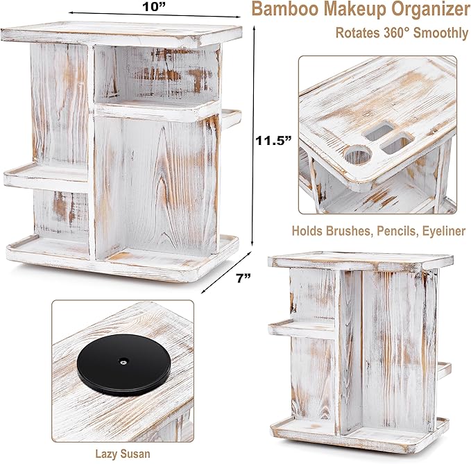 Sorbus 360° Makeup Organizer - Grey Rustic Wood Storage Carousel for Cosmetics, Make Up, Skin Care Organizer - Rotating Makeup Organizer for Vanity, Bathroom Storage, Bedroom, Kitchen, Desk, Dorm