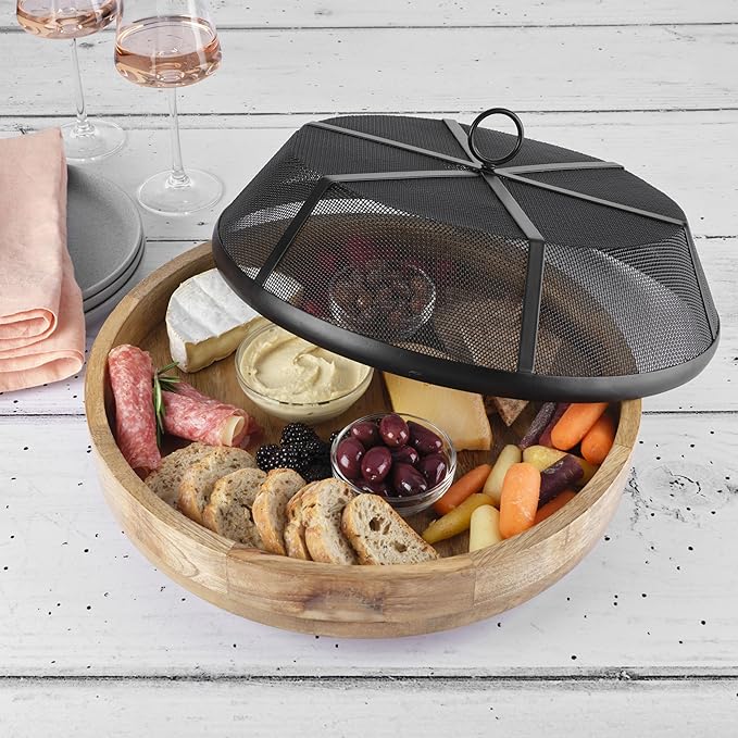 Gourmet Basics by Mikasa Mango Wood Lazy Susan with Iron Mesh Food Dome Cover, 14.5 Inch