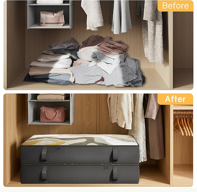 TidyCorner 2-Pack Under Bed Storage, 6 Inches Tall Closet Organizers and Storage Bins with Sturdy Sidewalls/Bottom/4 Handles, Black