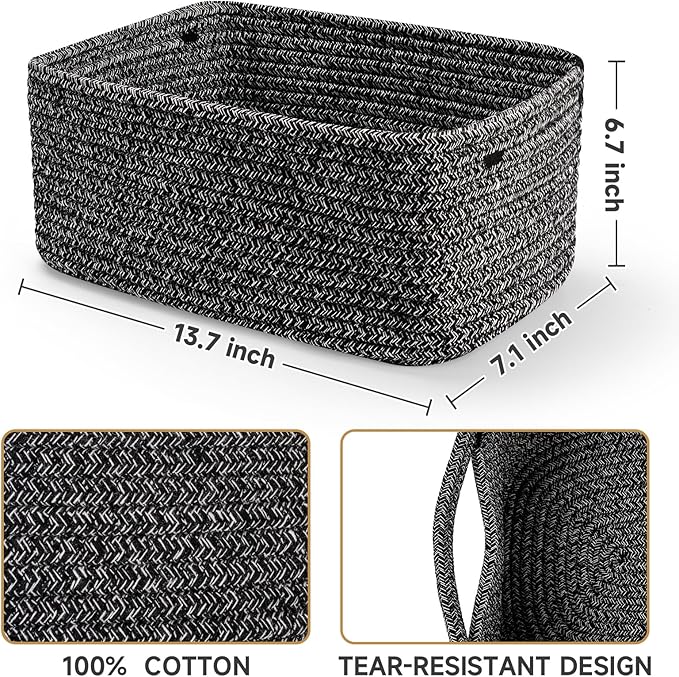 3-Pack Storage Baskets for Organizing | Woven Shelf Toy Basket | Rope Baskets for Gifts Empty | Closet Organizer Bins with Handles | Cube Decorative Box | 13.7×7.1×6.7” | Mixed Black