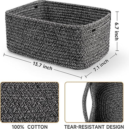 3-Pack Storage Baskets for Organizing | Woven Shelf Toy Basket | Rope Baskets for Gifts Empty | Closet Organizer Bins with Handles | Cube Decorative Box | 13.7×7.1×6.7” | Mixed Black