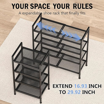4 Tier Shoe Rack, Expandable Shoe Rack for Closet, Adjustable Shoe Organizer for Entryway, Shoe Storage Organizer for Door Entrance, Garage, Bedroom