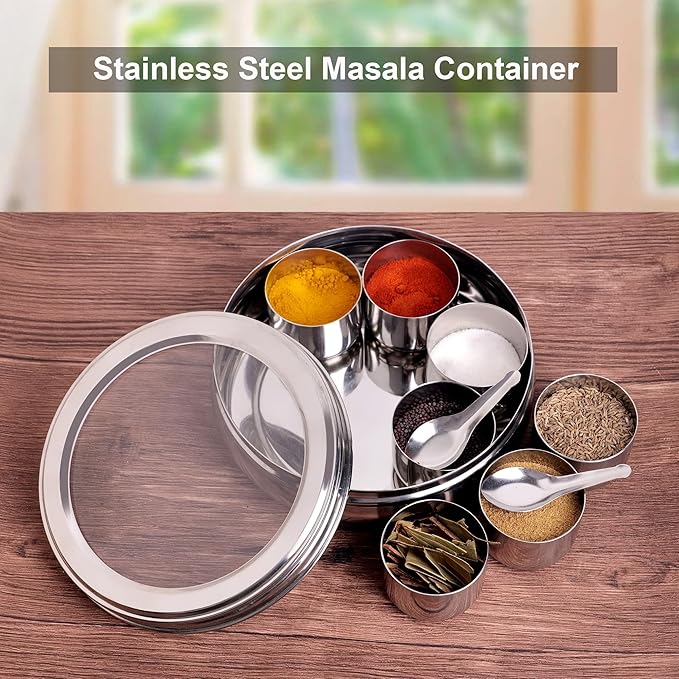 Stainless Steel Belly Shape Spice Box | Masala Dabba | Multipurpose Container/Organizer with See Through Lid with 7 Containers and Small Spoon/Medium