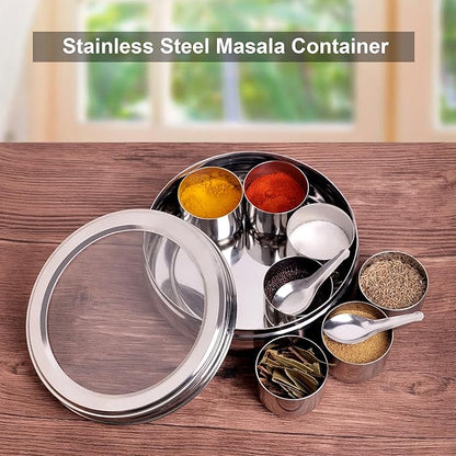 Stainless Steel Belly Shape Spice Box | Masala Dabba | Multipurpose Container/Organizer with See Through Lid with 7 Containers and Small Spoon/Medium