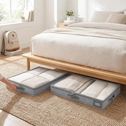 4-Inch Under Bed Storage Containers (2-Pack) | Sturdy Sidewalls | Clear Cover & Label Holder | Foldable Fabric Closet Bin Organizer | Stores Clothing/Blankets/Sweaters/Sheets