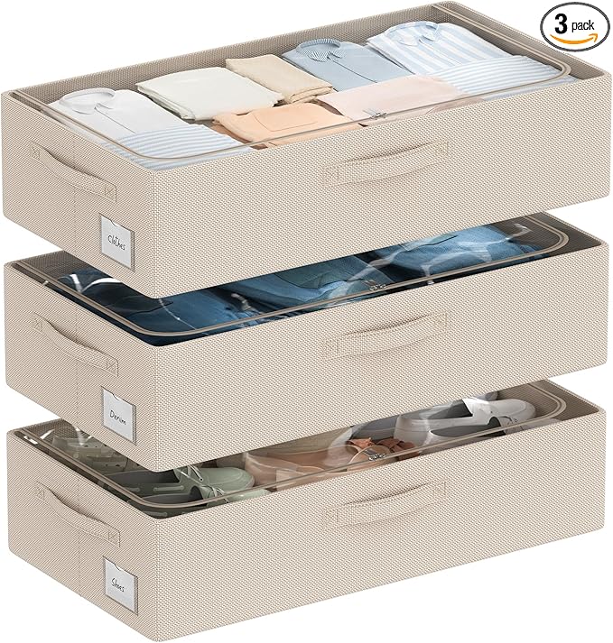 CYhom 3Pcs Under Bed Storage Bins with Metal Frame - Shoe Organizer for Closet with Clear Cover Oxford Fabric Sturdy Underbed Container Foldable Stackable Clothes Organizer (Beige, 23.5x11.8x6.3)