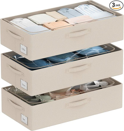 CYhom 3Pcs Under Bed Storage Bins with Metal Frame - Shoe Organizer for Closet with Clear Cover Oxford Fabric Sturdy Underbed Container Foldable Stackable Clothes Organizer (Beige, 23.5x11.8x6.3)
