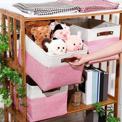 Uiifan 8 Pack 16 x 12 x 10 Inch Large Storage Baskets Collapsible Fabric Storage Cubes Bins with Handles for Shelves Closets Nursery Home Clothes Toys Organizers, Pink