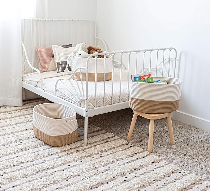 Honey Cotton Rope Basket for Shelf Storage - 15"×10"×9½" - Woven Decorative Basket for Organizing - Closet, Nursery, Bedroom - Toys, Books, Towels, Clothes