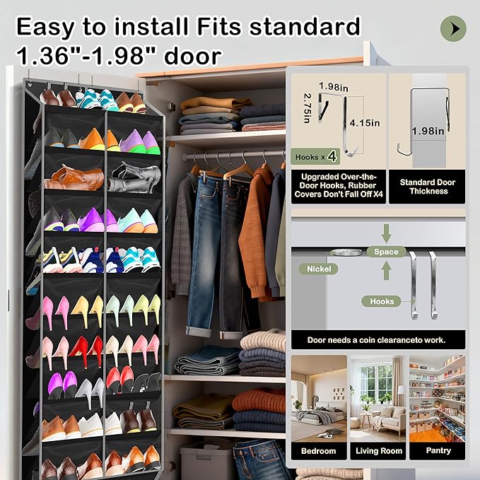 Kotkn 10-Tier Over the Door Shoe Organizer, 20 Pockets Holds 20-30 Pairs, Heavy-Duty Oxford Fabric with Hexagon Mesh for Boots & Sneakers-Black