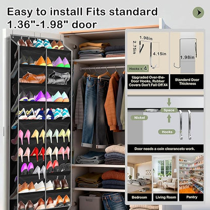 Kotkn 10-Tier Over the Door Shoe Organizer, 20 Pockets Holds 20-30 Pairs, Heavy-Duty Oxford Fabric with Hexagon Mesh for Boots & Sneakers-Black