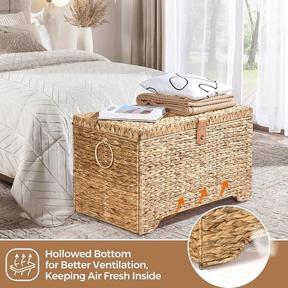Handwoven Storage Basket with Lid, 165L Wicker Storage Bin, Natural Water Hyacinth, Leather Buckle & Metal Frame, Metal Ring Handles for Easy Transport, Storage Chest & Trunk for Bedroom, Living Room