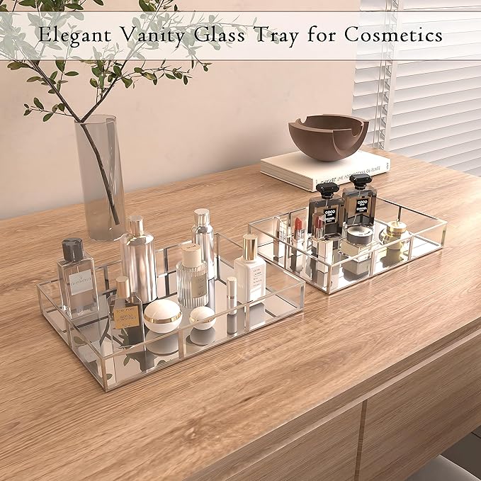 Perfume Vanity Tray With Metal Frame, Gold Bathroom Decorative Tray for Dresser, Jewelry or Home Decoration 2 Pcs (L+S)