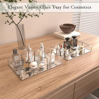Perfume Vanity Tray With Metal Frame, Gold Bathroom Decorative Tray for Dresser, Jewelry or Home Decoration 2 Pcs (L+S)