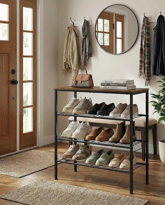 4-Tier Shoe Rack for Entryway, Bedroom & Living Room – Sturdy Shoe Storage Organizer with Adjustable Leveling Feet, Compact Design (26.9”x11.8”x25.1”), Rustic Brown