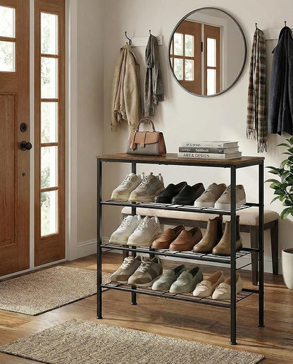 4-Tier Shoe Rack for Entryway, Bedroom & Living Room – Sturdy Shoe Storage Organizer with Adjustable Leveling Feet, Compact Design (26.9”x11.8”x25.1”), Rustic Brown