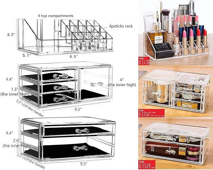 Cq acrylic 3 Pack Clear Makeup Organizer Countertop, Stackable 6 Drawers Skincare Organizer,Cute Skin Care Organizer for Vanity Hair Clip,Jewelry,Beauty Product Desk and Make Up Organizers for Vanity