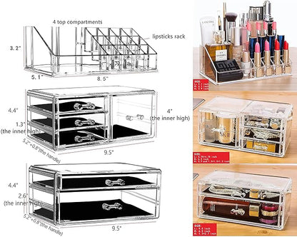 Cq acrylic 3 Pack Clear Makeup Organizer Countertop, Stackable 6 Drawers Skincare Organizer,Cute Skin Care Organizer for Vanity Hair Clip,Jewelry,Beauty Product Desk and Make Up Organizers for Vanity