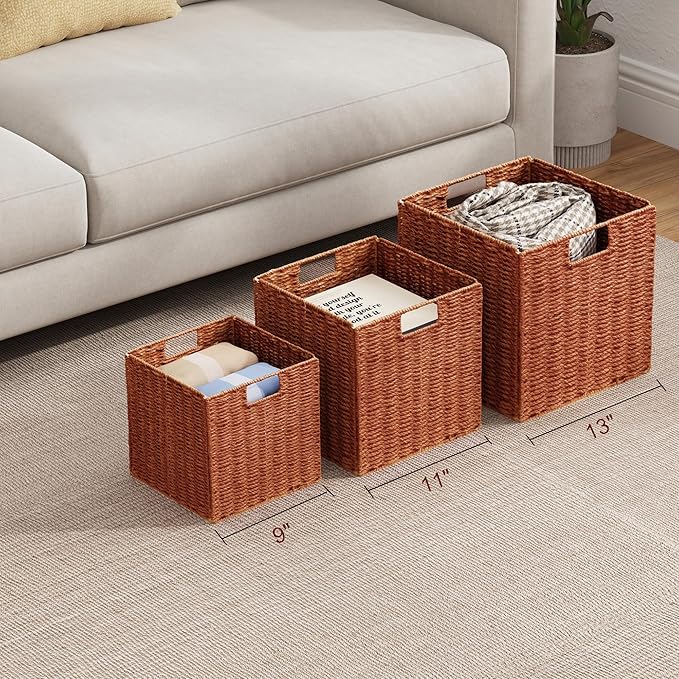 Vagusicc Wicker Storage Basket, Set of 2 Hand-Woven Paper Rope Wicker Basket, Foldable Cube Storage Bins, Square Large Storage Baskets for Organizing Shelves & Decor, Orange (13″×13″×13″)