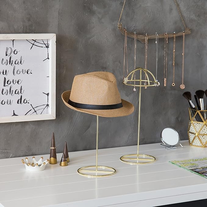 MyGift 2 Pcs Cowboy Hat Stand for Display with Dome Holder, Tabletop Wig Rack Baseball Cap Storage Stands Home Retail Décor, 14 Inch Tall, Brass Tone Metal Wire