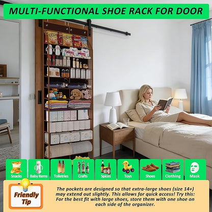 Kotkn 24-Pair Over Door Shoe Organizer for Family & Kids, Double Sided | Hanging Storage for Sneakers, Boots, Toys & Room Organization-Pearl Whitet-Walnut Brown