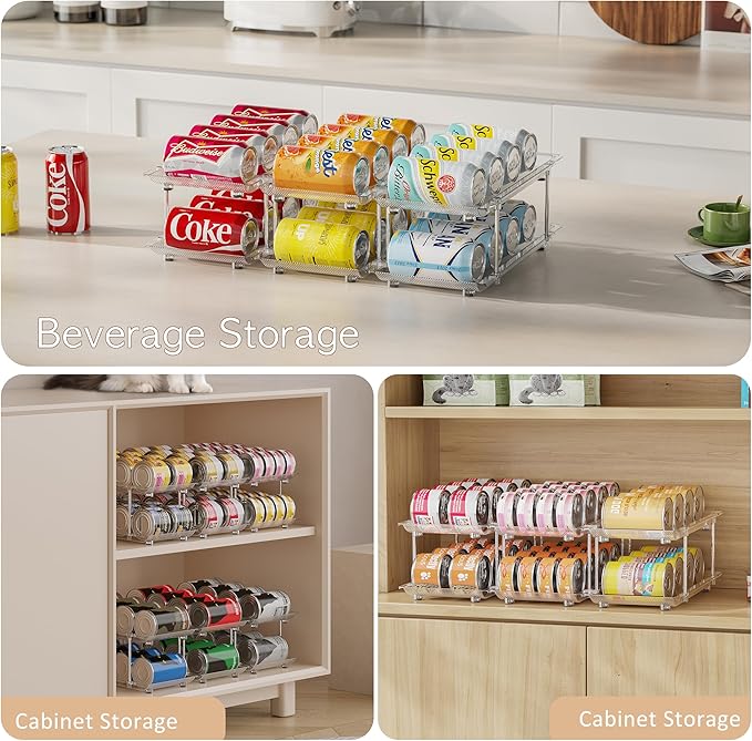 Can Organizer for Pantry, Modular 2 Tier Adjustable Cat Food Can Organizer Large Soup Can Storage Beverage Cans Clear Canned Goods Holder for Pantry and Fridge
