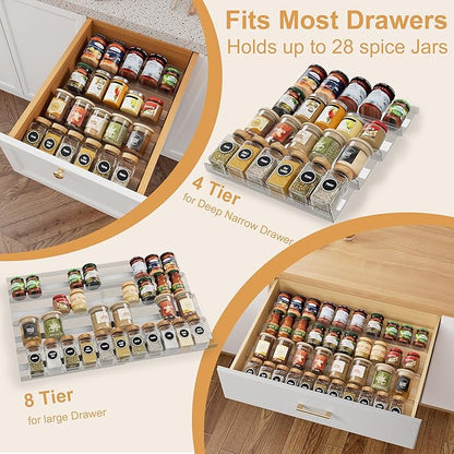 4-Pack Adjustable Spice Rack Organizer for Drawer, Expandable Seasoning Storage (13" to 26") with Anti-Slip Mat, Acrylic Tiered Spice Tray for Condiment, Nail Polish and Jar Organization
