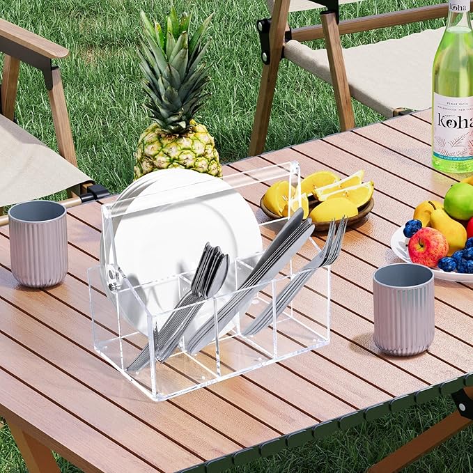 Chivalral Acrylic Utensil Holder & Paper Plate Holders -Clear Space-Saving Cutlery Caddy and Silverware Organizer for Kitchen, Table, Buffet, Party, Picnic, Camping Indoor Outdoor Use