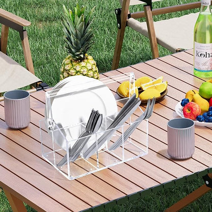 Chivalral Acrylic Utensil Holder & Paper Plate Holders -Clear Space-Saving Cutlery Caddy and Silverware Organizer for Kitchen, Table, Buffet, Party, Picnic, Camping Indoor Outdoor Use