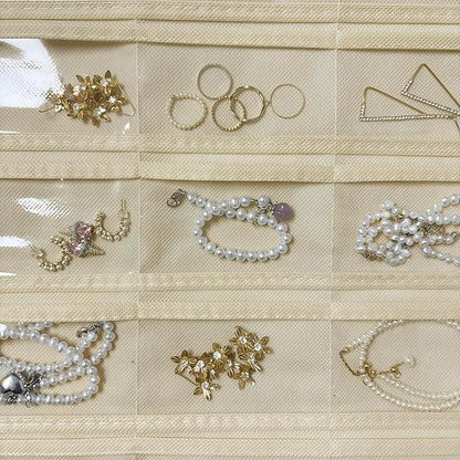 2 Pack Hanging Jewelry Organizer 80-Pocket Dual-sided Jewelry Storage for Earring Necklace Bracelet Ring Travel Holder, White and Beige