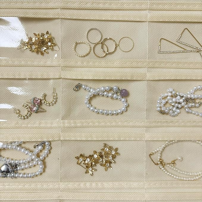 1 Pack Hanging Jewelry Organizer 80-Pocket Dual-sided Jewelry Storage for Earring Necklace Bracelet Ring Travel Holder, White and Beige