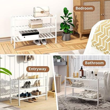 Bamboo Shoe Rack Stackable Shoe Shelf Storage Organizer for Unit Entryway Hallway and Closet Sturdy Freestanding Shoe Shelf(3 Tier White)