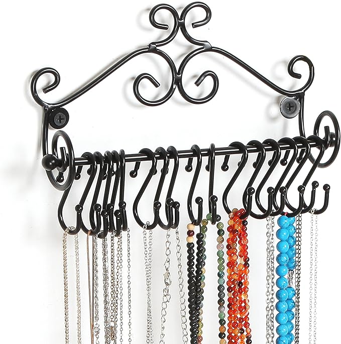 MyGift Jewelry Organizer - Wall Mounted Black Metal Scrollwork Design Necklace Holder Jewelry Display Storage Rack with 20 Hanging S-Hooks
