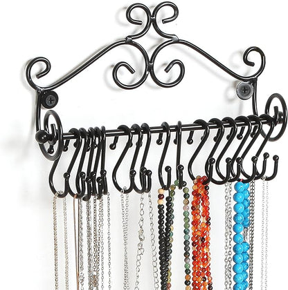 MyGift Jewelry Organizer - Wall Mounted Black Metal Scrollwork Design Necklace Holder Jewelry Display Storage Rack with 20 Hanging S-Hooks
