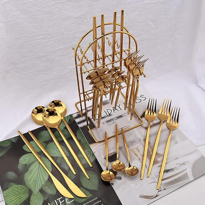 24 Piece Hanging Flatware Set, Stainless Steel Family Kitchen Utensil Set with Rack, Cutlery set for 6 with Holder, Silverware Sets with Holder, Hanging flatware set, Mirror Polished(Gold)