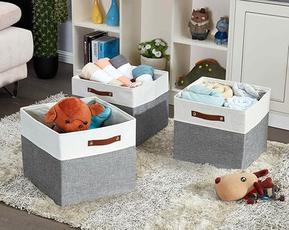 DECOMOMO Kallax Storage Cubes - 13x15x13 Storage Bins, Baskets for Organizing Shelves (Grey and White, 3-Pack)