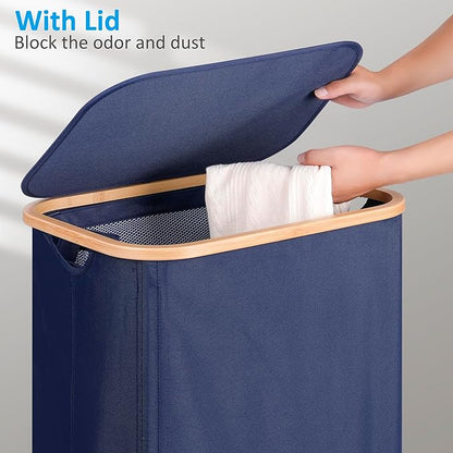 efluky Laundry Basket with Wheels, Tall Rolling Laundry Hamper with Lid and Removable Bag, Aesthetic Dirty Clothes Hamper on Wheels for Laundry Room, Bedroom, Dorm and Bathroom, 100L Blue