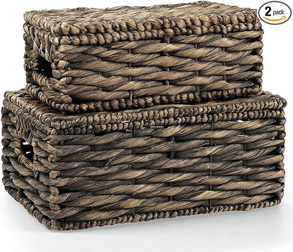 Set of 2 Black Wicker Baskets with Lid