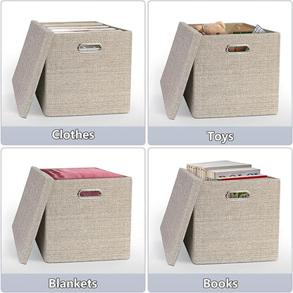 Storage Bins with Lids,13 x 13 Inch Foldable Fabric Cube Baskets Boxes Organizer for Closet, Shelves, and Home. (Khaki, (13x13) 3 pack)
