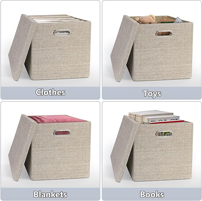Storage Bins with Lids,13 x 13 Inch Foldable Fabric Cube Baskets Boxes Organizer for Closet, Shelves, and Home. (Khaki, (13x13) 4 pack)
